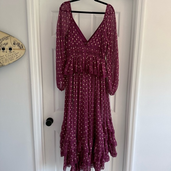 FREE PEOPLE x ROCOCO SAND Emi Burgundy Metallic Long Sleeve Maxi Dress L - Picture 7 of 14
